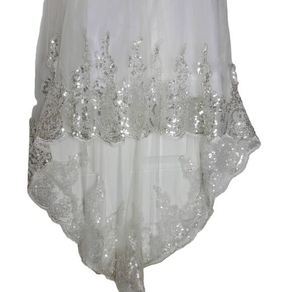 Flower Girl White Hi Lo Silver Sequined Flower Waist Long Train Wedding Dress - Picture 3 of 9